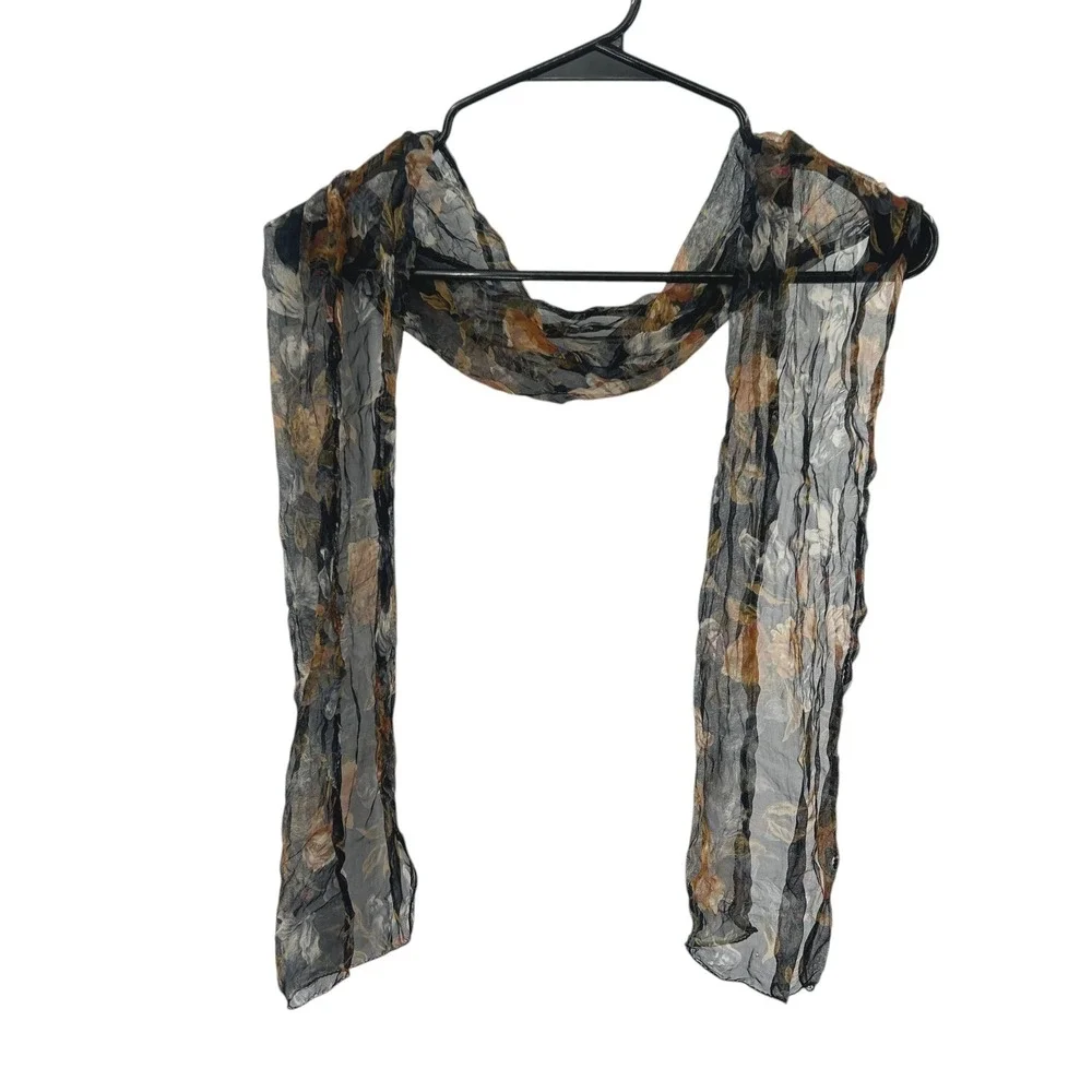 Sheer‎ Floral Scarf Black Brown Indie Grunge Boho Lightweight Vintage Wrap